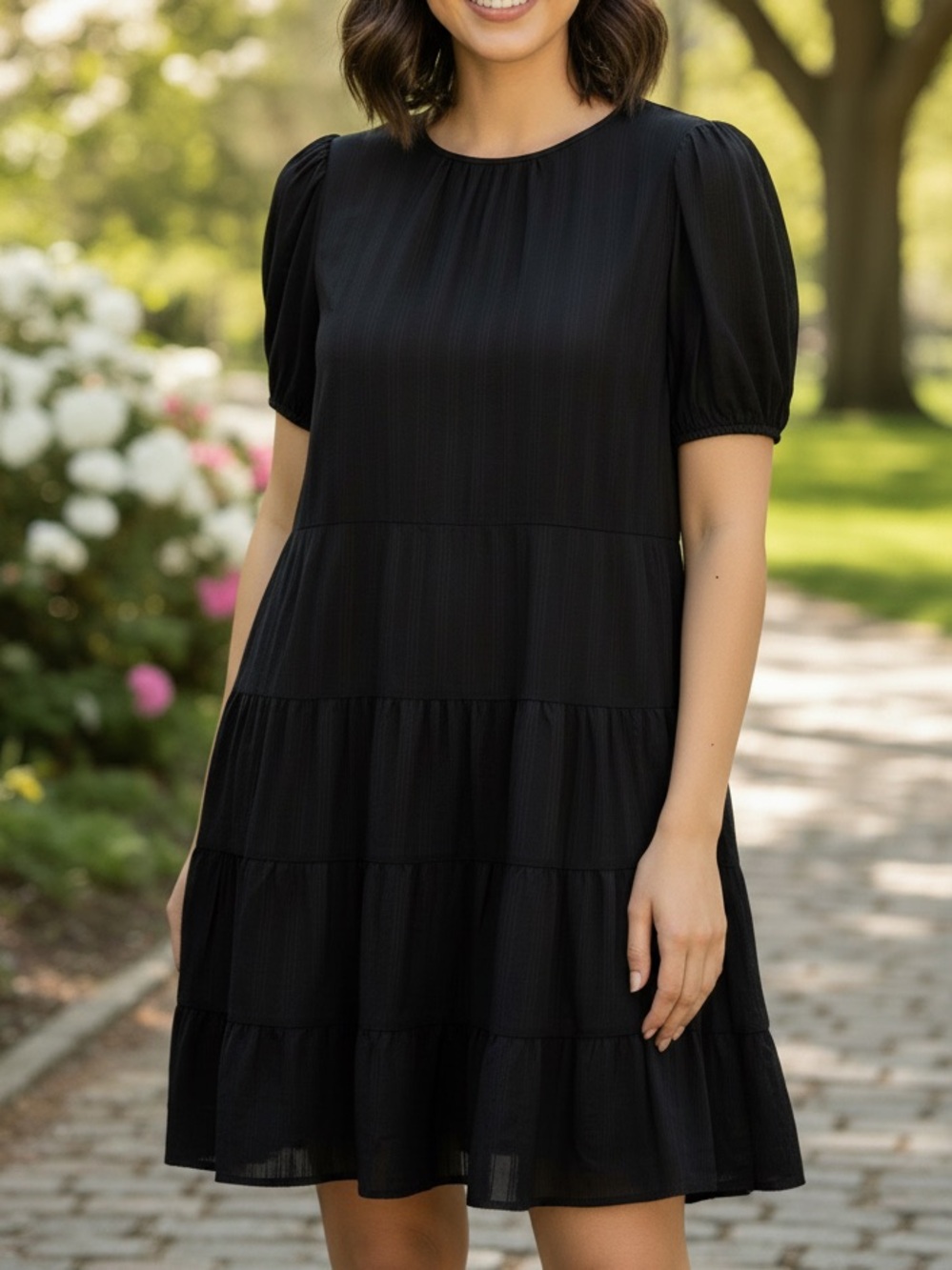 Ann Taylor Loft Women’s Black Short-Sleeve Tiered Shift Dress Lined Sz 16